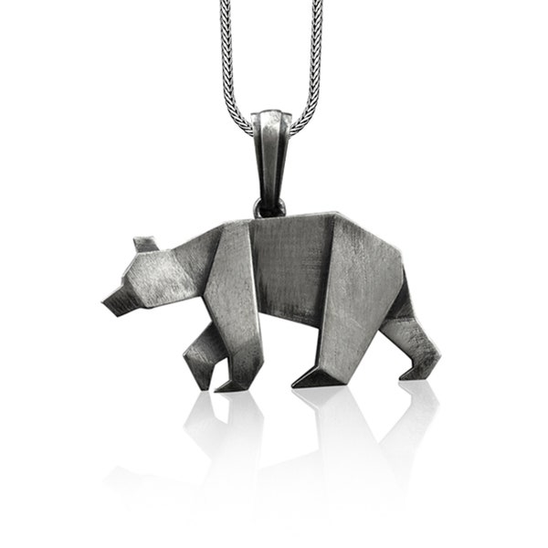 Grizzly Bear Silver Animal Necklace, Sterling Silver Origami Necklace, Bear Jewelry, Nature Necklace, Family Necklace, Remembrance Gift