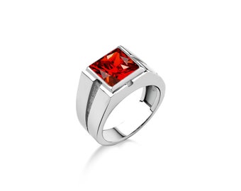 Red ruby silver statement ring for men, Clear ruby mens solitaire ring for men in 925 silver, Square cut ruby stone ring for men