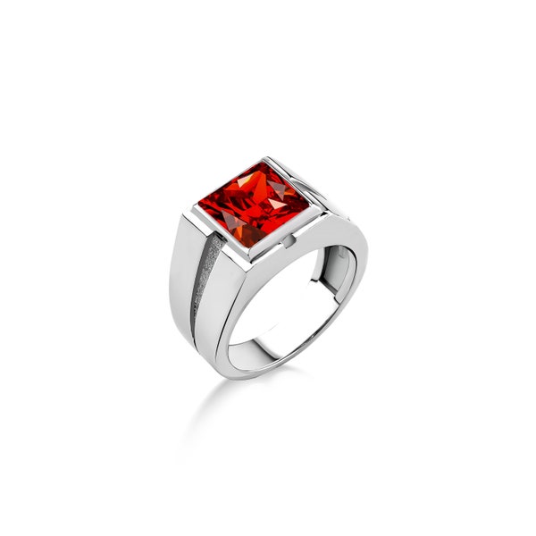 Red ruby silver statement ring for men, Clear ruby mens solitaire ring for men in 925 silver, Square cut ruby stone ring for men