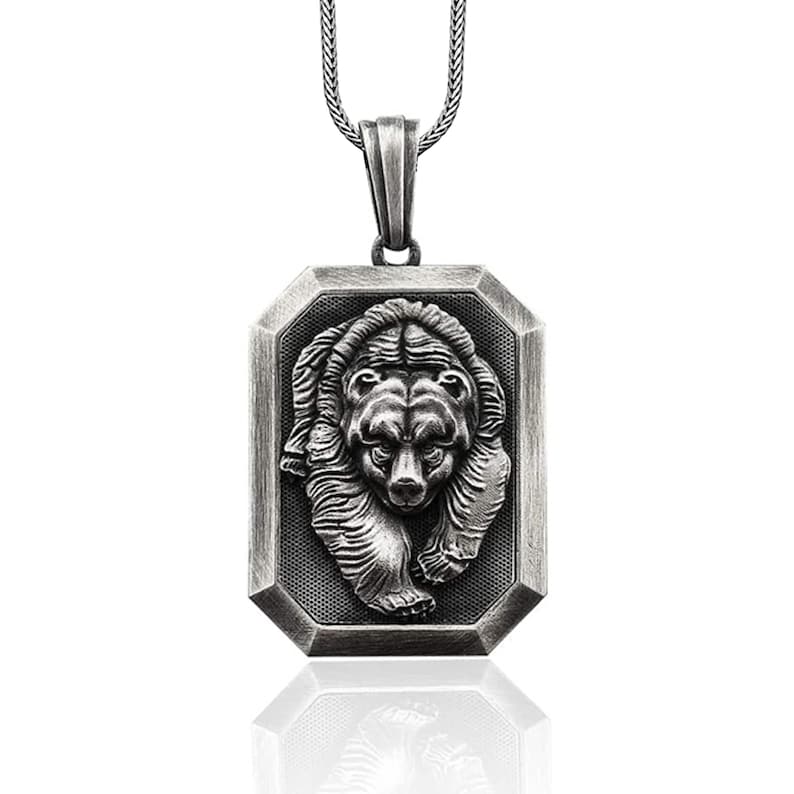 Scandinavian Personalized Bear Men's Necklace,Silver Relief Bear Man Medallion, Silver Viking Wild Bear Men Necklace, Husband Gift Necklace image 1