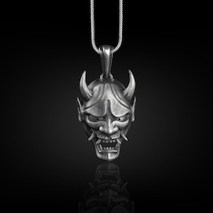 Oni Mask Necklace in Oxidized Silver, Japanese Hannya Mask Necklace For Best Friend, Demon Necklace For Boyfriend, Devil Necklace in Goth