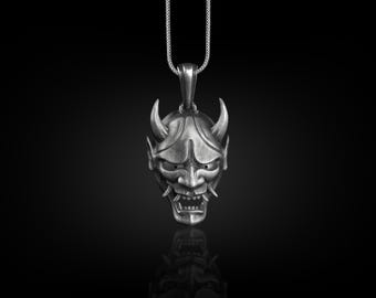 Oni Mask Necklace in Oxidized Silver, Japanese Hannya Mask Necklace For Best Friend, Demon Necklace For Boyfriend, Devil Necklace in Goth