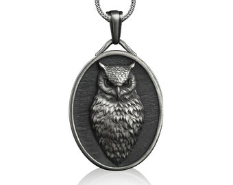 Coole Eule Anhänger Halskette aus Sterling Silber, Personalisierte Tier Halskette für Freundin, Oval Halskette Geschenk für Mutter