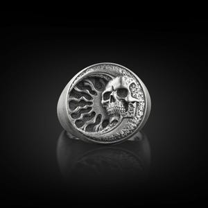 Skull Under Moon and Sun Ring, Textured Signet Ring in Oxidized Sterling Silver, Gothic Style Celestial Ring, Biker Ring For Husband