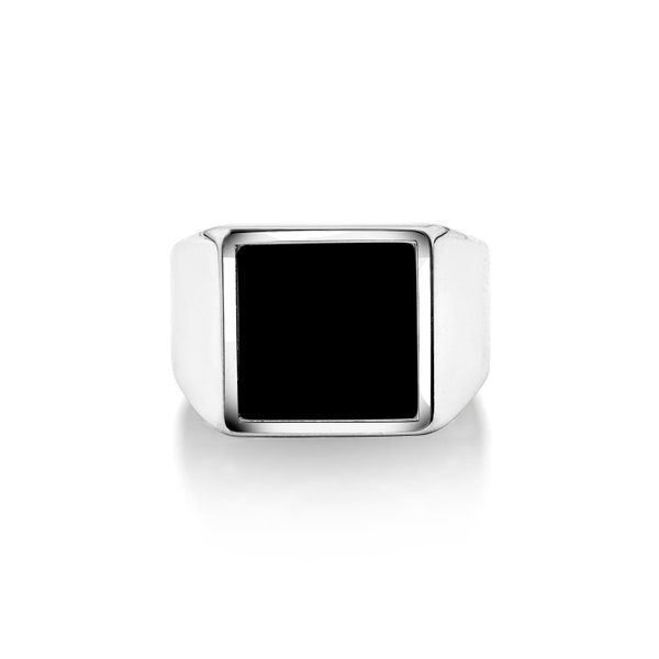 Bague en argent onyx noir coupe carrée pour homme, bague de pierres précieuses noires à dessus plat pour mari, bague pour homme à large bande avec onyx, bagues cadeaux pour hommes de mariage