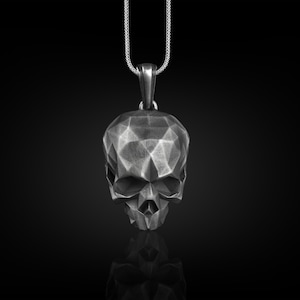 Skull Geometric Necklace For Men, 3D Skull Mens Pendant in Sterling Silver, Halloween Necklace in Gothic Style, Punk Necklace For Boyfriend