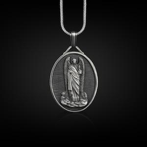 Archangel st michael pendant necklace in silver, Personalized religious necklace for mama, Custom name pendant for her
