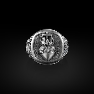 Anillo de sello cuadrado del Sagrado Corazón para hombres, anillo de sello de plata de ley para mujeres, regalos católicos para mujeres, joyería cristiana, pequeño regalo católico