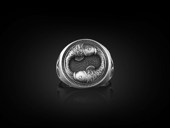 Pisces Pinky Signet Ring for Men in Silver, Oxidized Zodiac Signet Ring in Sterling Silver, Horoscope Ring For Men, Astrology Zodiac Ring