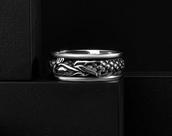 Ouroboros Dragon Men's Silver Band Ring with Viking Patterns, Handmade Ouroboros Serpent Mythology Gift Jewelry