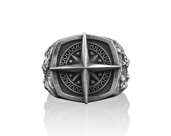 Compass Handmade Sterling Silver Men Signet Ring, Wayfinder Silver Jewelry, Minimalist Ring, Biker Ring, Ring For Men, Memorial Gift
