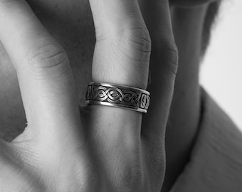 Celtic Knot Silver Band Ring with Viking Pattern Engraved, Personalized Woven Unique Wedding Band Jewelry