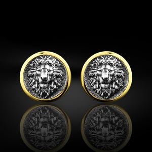 スターリングシルバーのライオンのメンズカフスボタン、ライオンヘッドのメンズカフスボタン、アフリカのウェディングメンズジュエリー、金メッキのメンズカフスボタンギフト、誕生日プレゼント