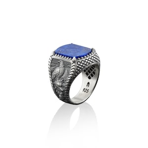 925 sterling silver wolf and eagle signet mens ring, Lapis lazuli gemstone ring for men, Unique mythology man ring for women, Animal jewelry
