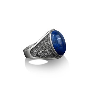 Tree of life silver man ring, Blue lapis lazuli signet men&#39;s yggdrasil ring, Yggdrasill silver men ring, Pinky lapis stone ring, Family gift