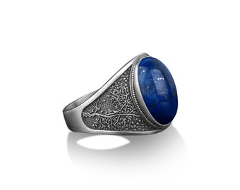 Tree of life silver man ring, Blue lapis lazuli signet men's yggdrasil ring, Yggdrasill silver men ring, Pinky lapis stone ring, Family gift