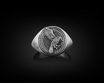 Viking Raven Bird of Prophecy Ring, Engraved Pinky Signet Ring in Oxidized Silver, Norse Mythology Ring For Family, Fantasy Ring For Husband