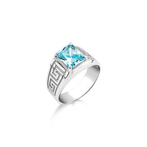 Large rectangle cut blue topaz ring in silver, Blue gemstone ring with engraved meander, Elegant mens fashion ring