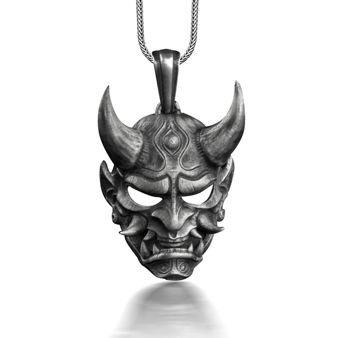 Hannya Mask Oxidized Necklace in Silver, Japanese Art Oni Mask Necklace