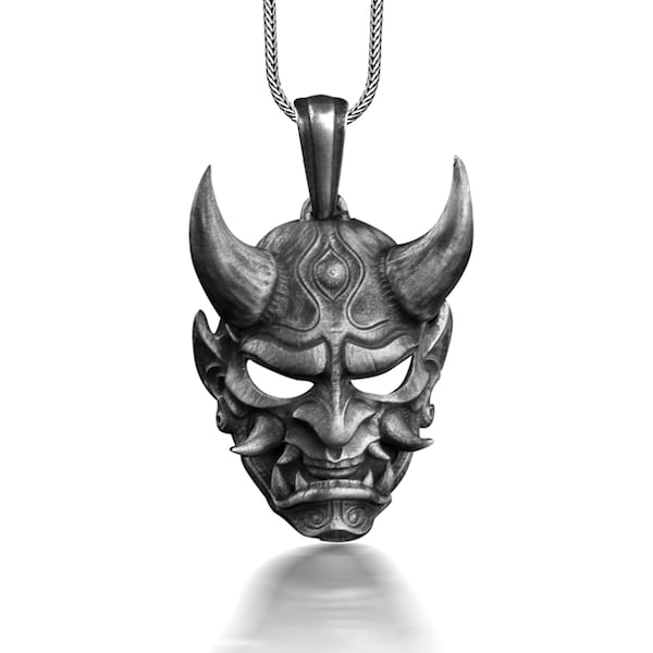 Collier oxydé Hannya en argent, collier masque Oni art japonais pour petit ami, collier démon femme pour petite amie, collier diable