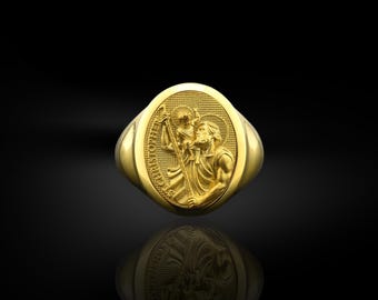 14K gold saint christopher signet man ring, Catholic st christopher 10k men ring, Christian gold ring fır husband, Good gift idea for family