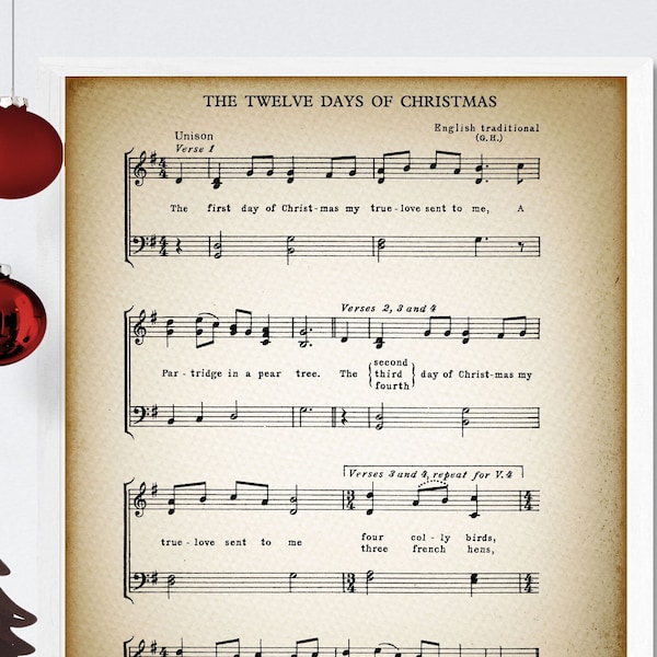 The Twelve Days of Christmas Printable Vintage Sheet Music |  Classic Holiday  Music in  Antique & Farmhouse Decor
