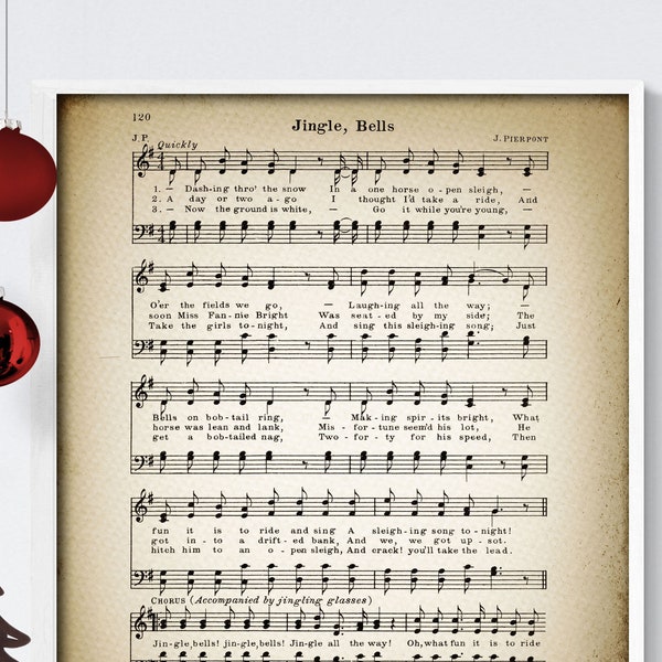 Jingle Bells Printable Vintage Sheet Music | Classic Holiday  Music Print for Antique & Farmhouse Decor | Christmas Carol