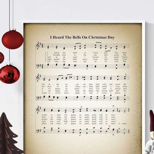 I Heard The Bells On Christmas Day   Printable Vintage Sheet Music | Christian Hymn Print for Antique & Farmhouse Decor | Christmas Carol