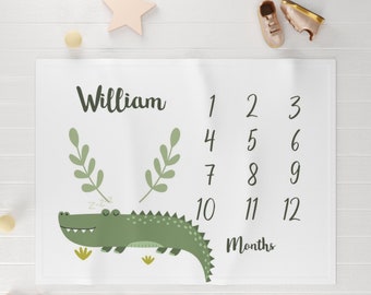 Milestone Blanket - Personalized - Alligator | Custom baby blanket | Baby month blanket | 1 year blanket | 30x40 or 40x60 | Soft fleece