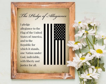 The Pledge of Allegiance Printable American Flag Decor | Patriotic Americana Print for July 4th | Antique Pledge with One Nation Under God