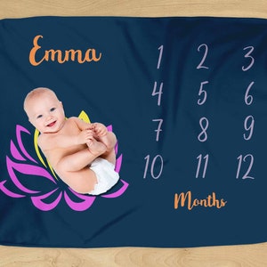 Buddhist Lotus Milestone Blanket - Personalized Name - Purple Peaceful Buddhism Design for Baby Boy or Girl - Soft for Monthly Milestones