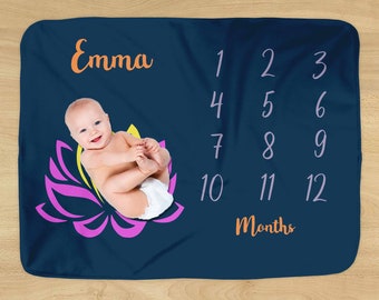 Buddhist Lotus Milestone Blanket - Personalized Name - Purple Peaceful Buddhism Design for Baby Boy or Girl - Soft for Monthly Milestones