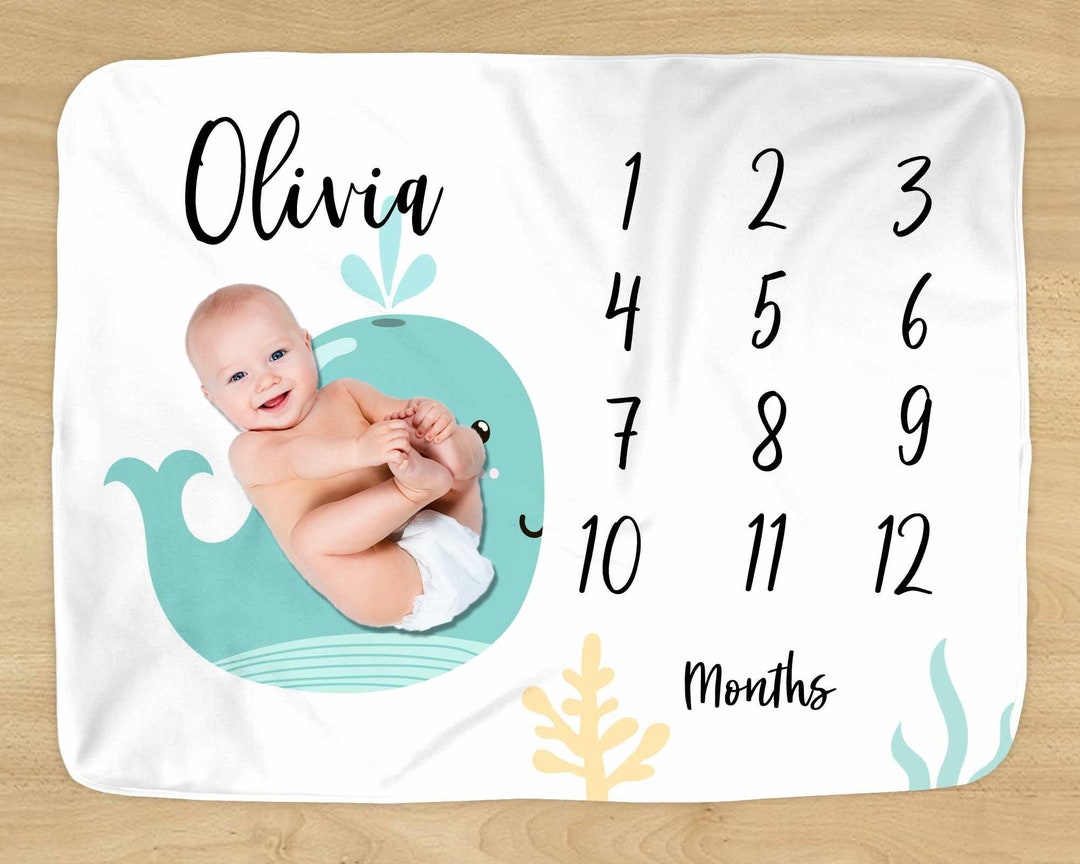 Personalized Baby Milestone Blanket - Whale Ocean Fleece Throw 30x40 Inches, Newborn Gift, Name Customizable - View #3