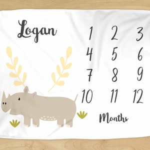 Rhinoceros Milestone Blanket - Personalized Name - Safari Rhino Design for Baby Boy or Girl - Soft for Monthly Milestones