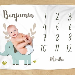 Elephant Milestone Blanket - Personalized Name - Safari Design for Baby Boy or Girl - Soft for Monthly Milestones