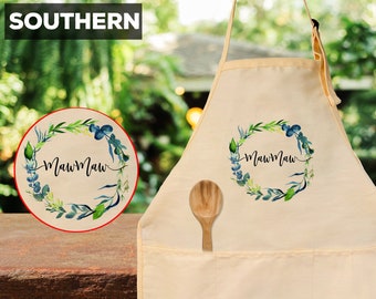 MawMaw Apron - Southern Grandmother Kitchen Gift - Maw Maw Birthday Present with Floral Design - Beige Cotton