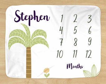 Palm Tree Milestone Blanket - Personalized Name - Beach Nature Design for Baby Boy or Girl - Soft for Monthly Milestones
