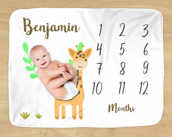 Giraffe Milestone Blanket - Personalized Name - Safari Design for Baby Boy or Girl - Soft for Monthly Milestones