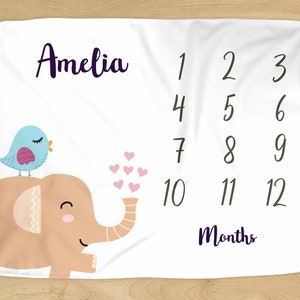 Elephant Milestone Blanket - Personalized Name - Elephant and Tweeting Bird Design for Baby Boy or Girl - Soft for Monthly Milestones