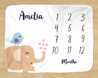 Elephant Milestone Blanket - Personalized Name - Elephant and Tweeting Bird Design for Baby Boy or Girl - Soft for Monthly Milestones