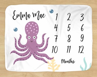 Octopus Milestone Blanket - Personalized Name - Deep Ocean Design for Baby Boy or Girl - Soft for Monthly Milestones