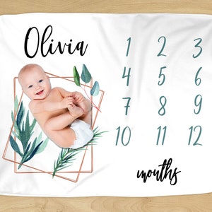 Geometric  Milestone Blanket - Personalized Name - Metallic Geometric Modern Design for Baby Boy or Girl - Soft for Monthly Milestones
