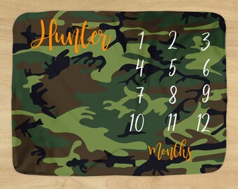 Camo Milestone Blanket - Personalized Name - Green Forest Camouflage Hunter Design for Baby Boy - Soft for Monthly Milestones