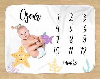 Ocean Life Milestone Blanket - Personalized Name - Underwater Sea Starfish Design for Baby Boy or Girl - Soft for Monthly Milestones