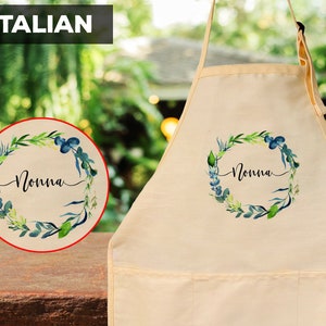 Nonna Apron - Italian Grandmother Kitchen Gift - Nonna Birthday Present with Floral Design - Beige Cotton