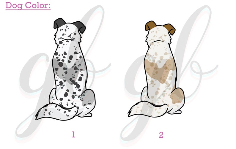 May include: Two illustrations of a dog sitting with its back to the viewer. The dog on the left has black and white spots, while the dog on the right has brown and white spots.