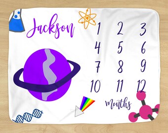 Science Nerd Milestone Blanket - Personalized Name - Scientific Physics Design for Baby Boy or Girl Genius - Soft for Monthly Milestones