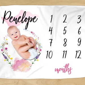 Floral Milestone Blanket - Personalized Name - Pink Floral Wreath Design for Baby Girl - Soft for Monthly Milestones