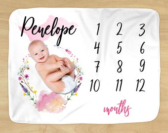 Floral Milestone Blanket - Personalized Name - Pink Floral Wreath Design for Baby Girl - Soft for Monthly Milestones