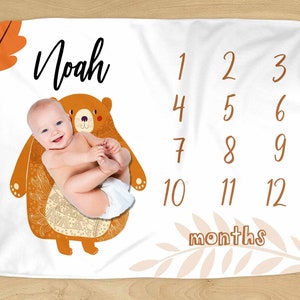 Bear Milestone Blanket - Personalized Name - Brown Grizzly Boho Woodland Design for Baby Boy or Girl - Soft for Monthly Milestones